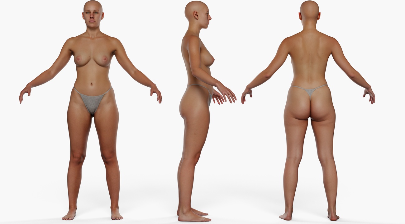 Full body 3D scan of an average-build female, retopologised quad mesh with smooth skin detail